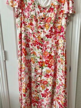 Lane Bryant Pink Floral Maxi Dress with Green Accents